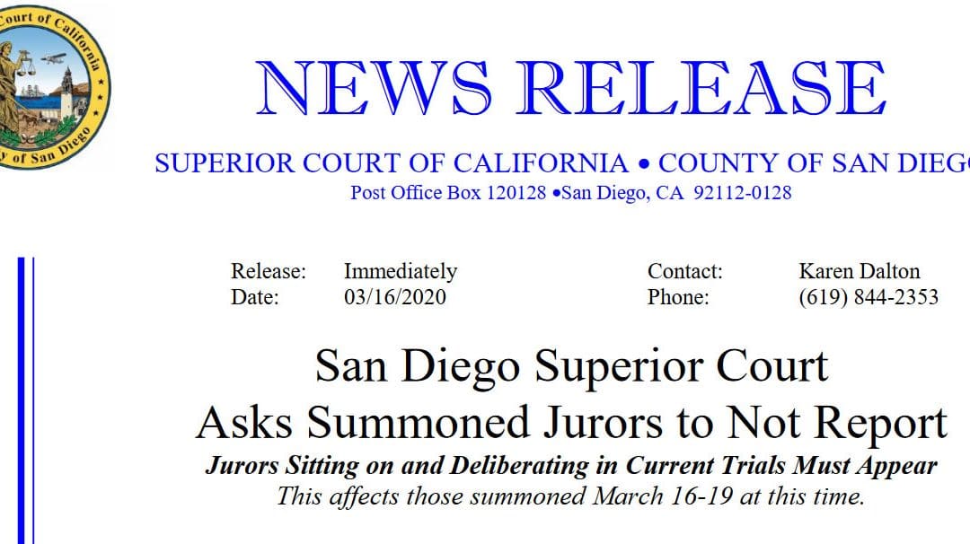 San Diego Superior Court Asks Summoned Jurors to Not Report