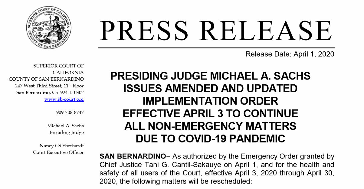 San Bernardino Superior Court issues amended order continuing all non