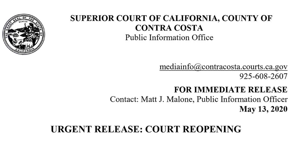 Contra Costa Superior Court Urgent Release: Court Reopening
