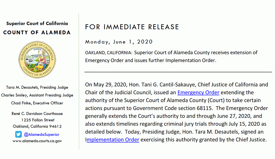 Alameda County courthouse has extended court closure through June 27, 2020