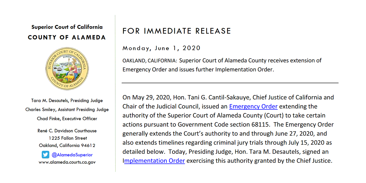 Alameda County California courthouse has extended court closure through