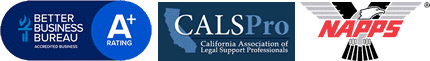 BBB, CalsPro, and NAPPS member badges for Direct Legal Support.