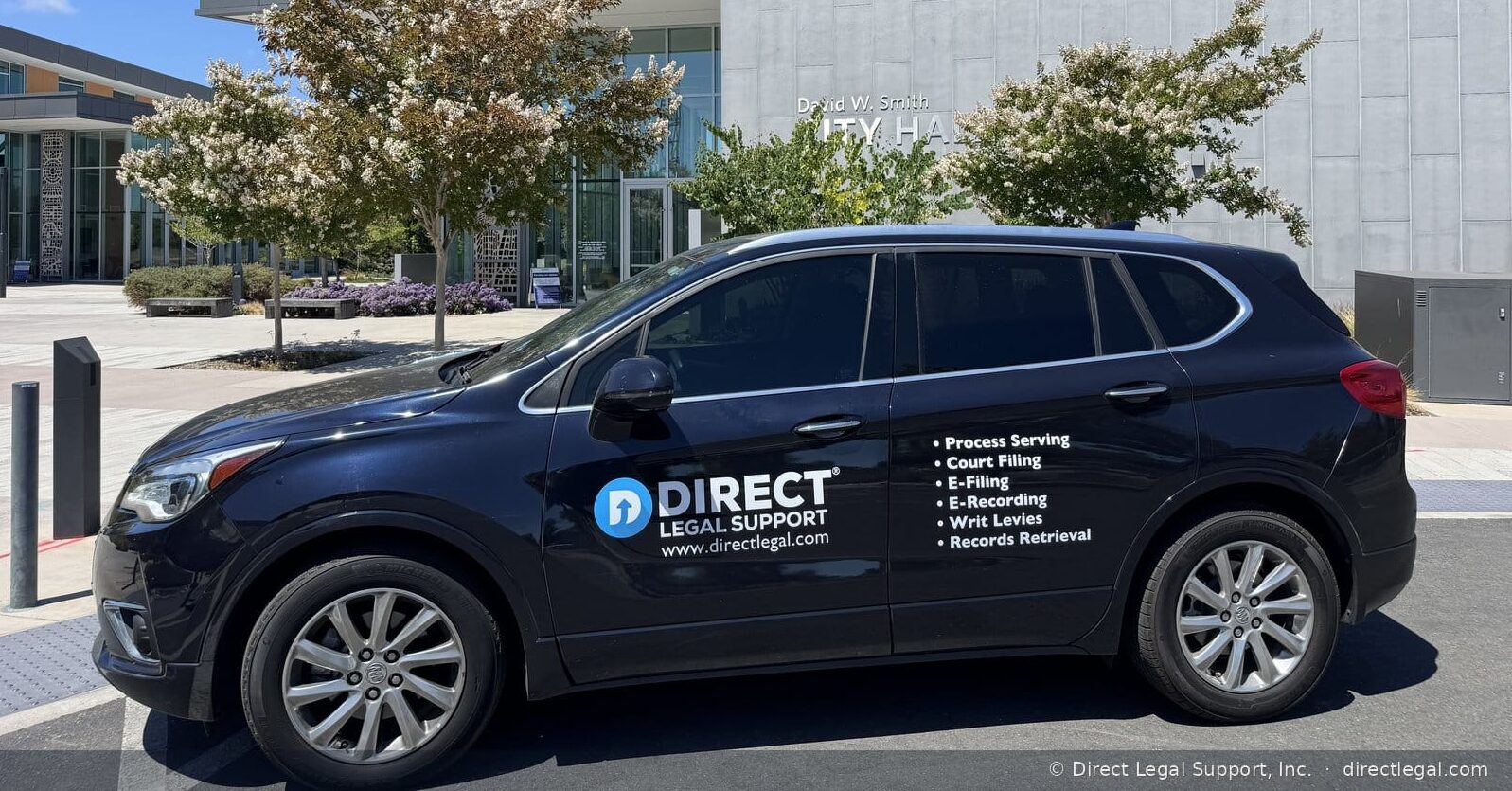 newark-process-server-direct-legal-support Direct Legal Support process server vehicle outside Newark City Hall, providing fast, court-compliant process serving throughout Newark, California.