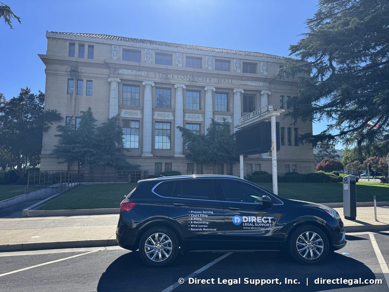 stockton-city-hall Direct Legal Support process server vehicle at historic Stockton City Hall